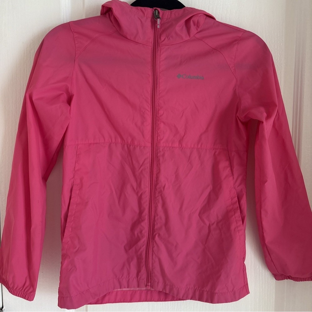 Columbia Omni-Tech Girls Waterproof  Windbreaker Pink Hooded Jacket Sz M 10-12